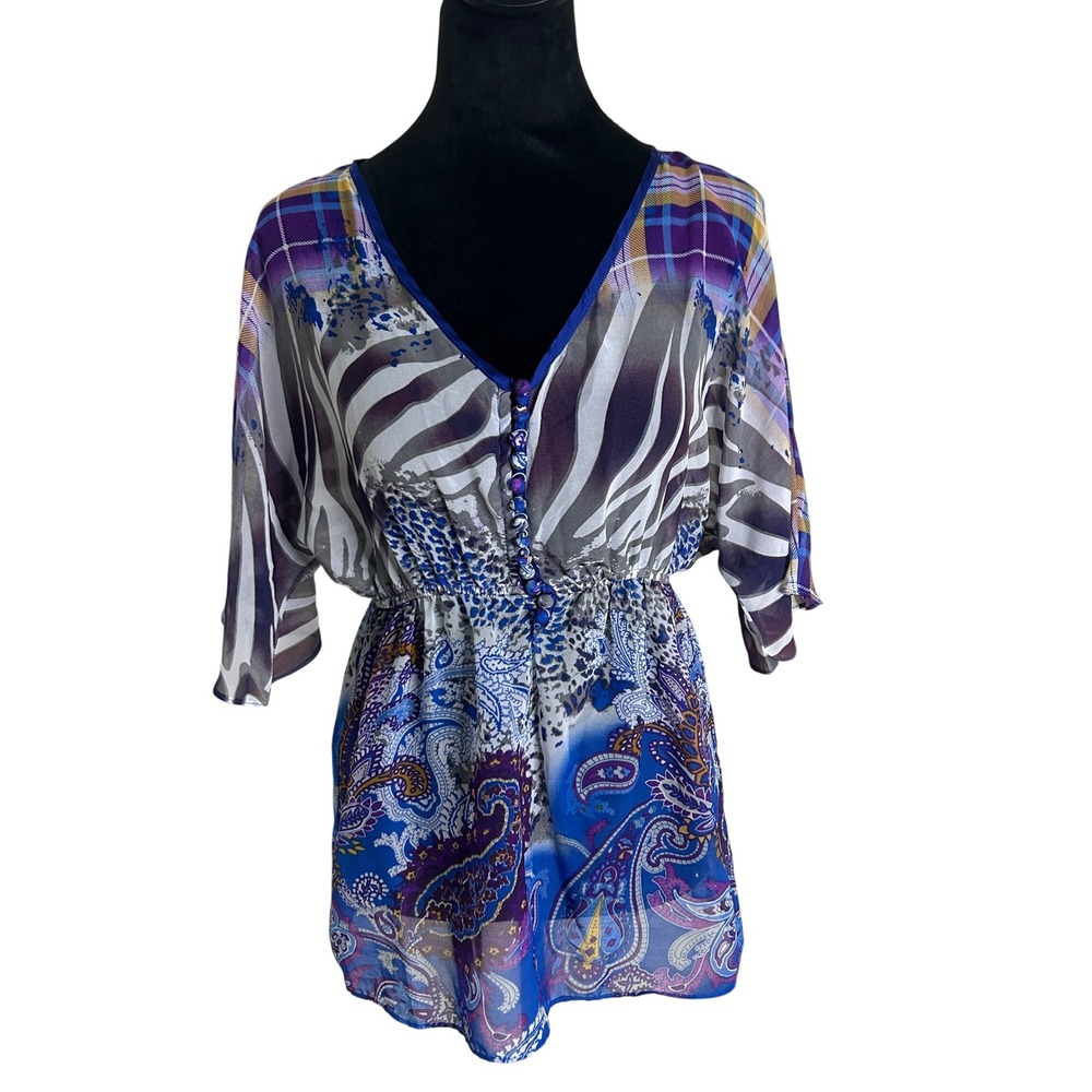 Lulumari Y2K Tunic Top Wms S Mixed Zebra Plaid Print Boho sheer shirt